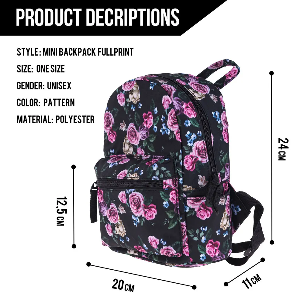 Fashion Flowers Print Backpack Women Casual Mini School Bag For Girl 1-5 Grade Waterproof Travel Rucksack For Teens