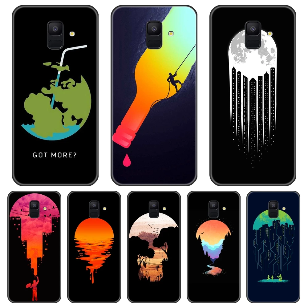 Чехол для Samsung Galaxy A6 A8 Plus 2018 силиконовый мягкий ТПУ Черный художественный чехол