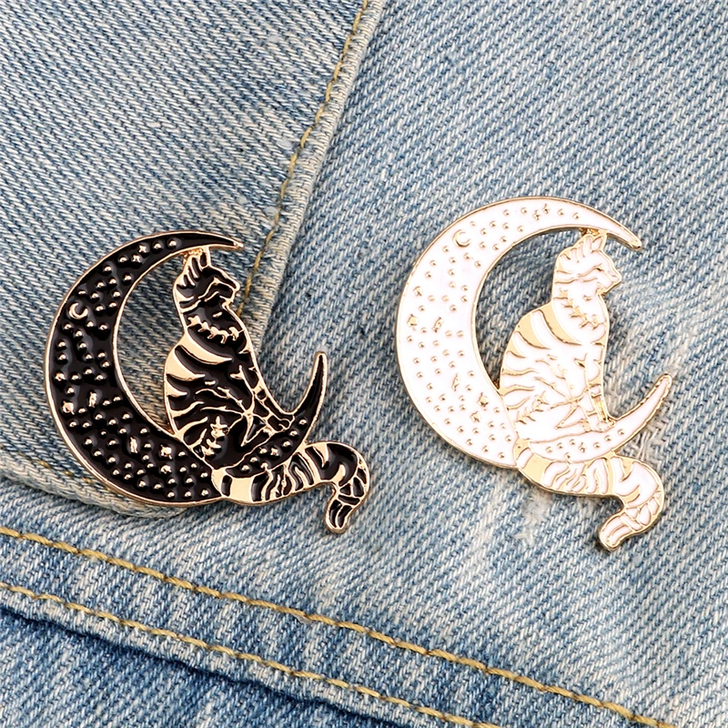 Эмалированные булавки Witch Cat Custom Moon Black and White броши кошки с отворотом сумки Craft Badge