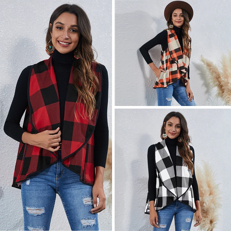 

Women Sweater Vest Lapel Spring Autumn Short Loose Plaid Sleeveless Ladies Waistcoat V-Neck Female Outerwear Woman Vest Winter