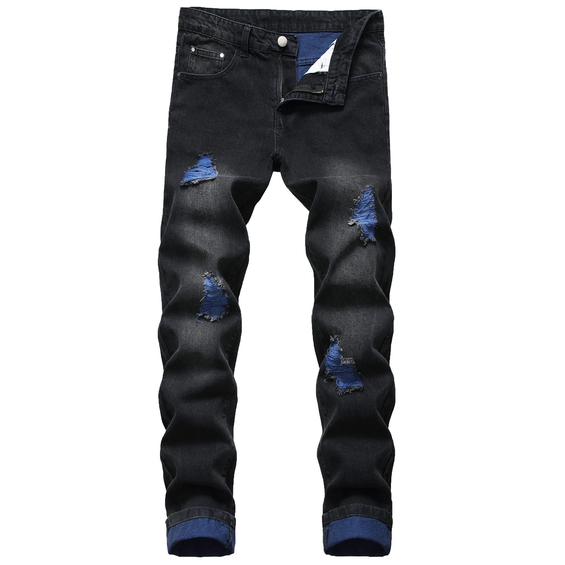 Джинсы мужские рваные модные прямые брюки Slim Fit повседневные из денима с дырками