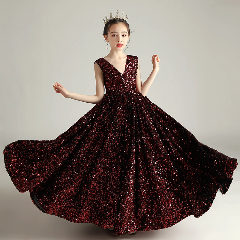 Children Girls High Grade Luxury Sequined Design Evening Marriage Ceremony Princess Dress Kids Model First Communication Dress