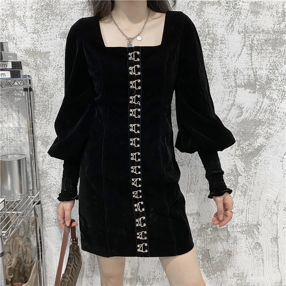 

2020 Autumn Gothic Women Fashion Black Long sleeve Vintage Elegant Office Lady Date Night Dresses A-Line Cool Girls Female Dress