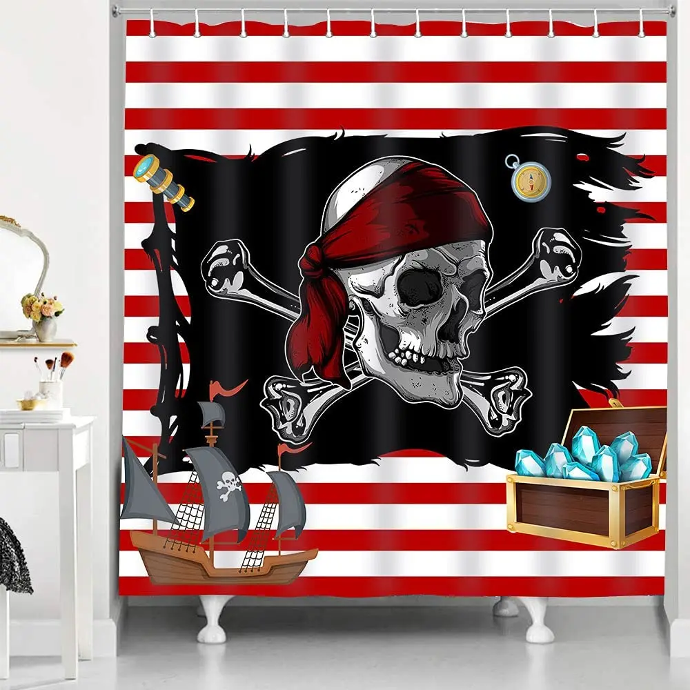 Шторы для ванной с черепом пиратский корабль и сокровище Коламбус черный флаг