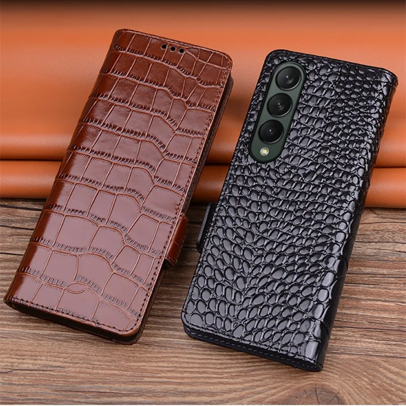 Genuine Leather Magnetic Flip Case for Samsung Galaxy Z Fold 4 3 2 Fold3 Crocodile Alligator Grids Grain Protective Phone Cover