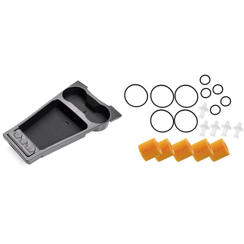 

6 Pcs Car Accessories: 1 Pcs Car Central Console Box Storage Black & 5 Pcs Oil Filter Set