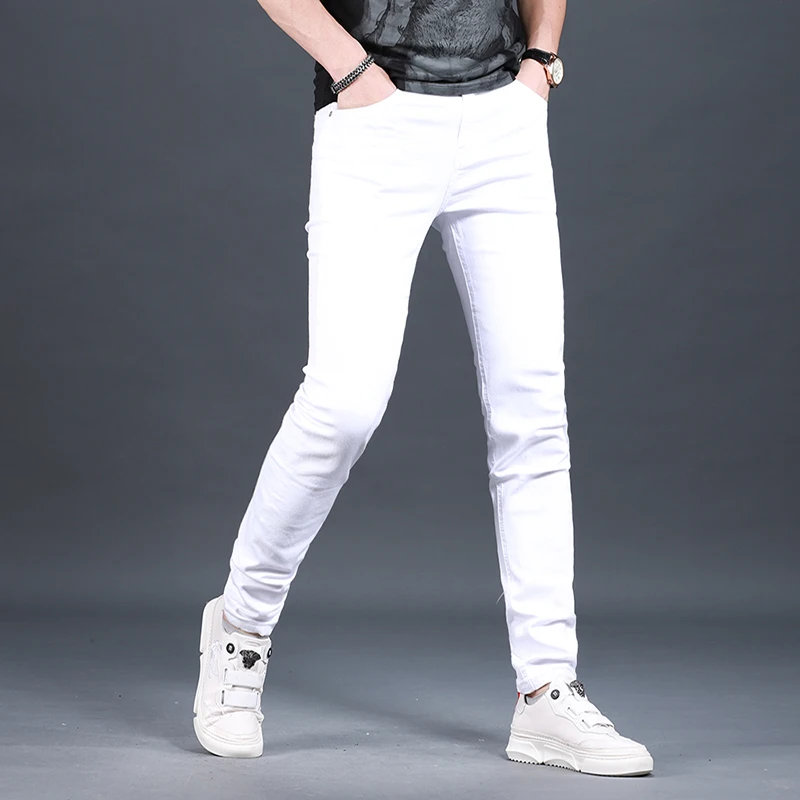Summer Men's Slim Fit White Jeans Fashion Korean Style Cotton Lightweight Denim Pants