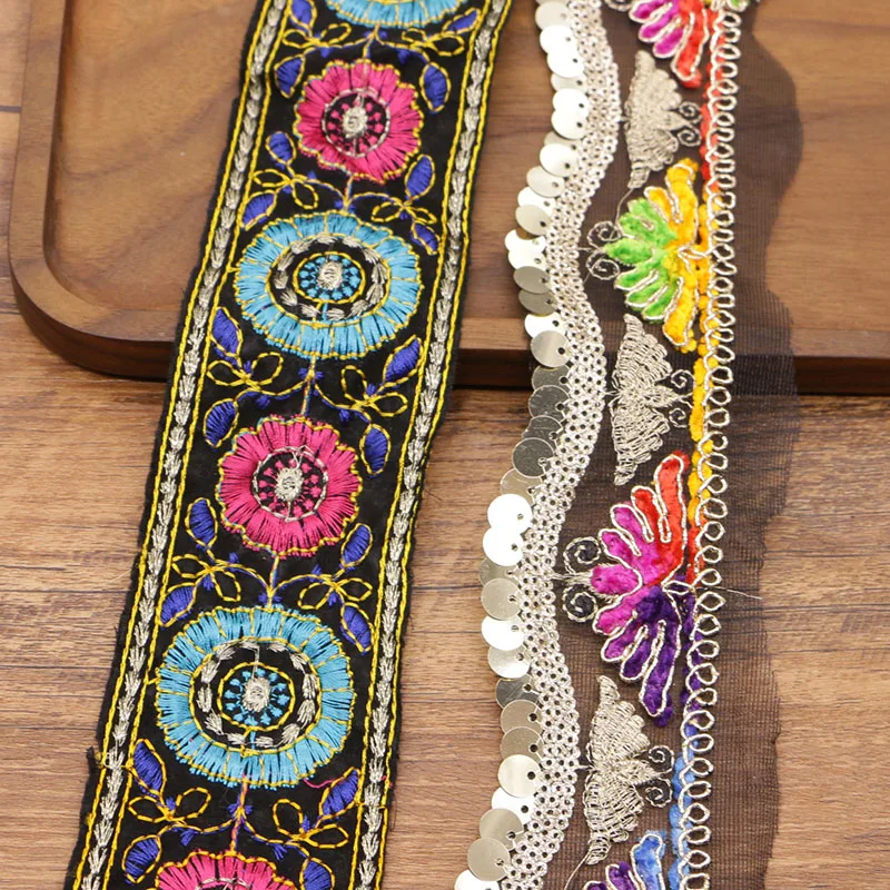 3yard5.8-6 см синие черные фиолетовые этнические с бусинами сетчатые вышитые кружева