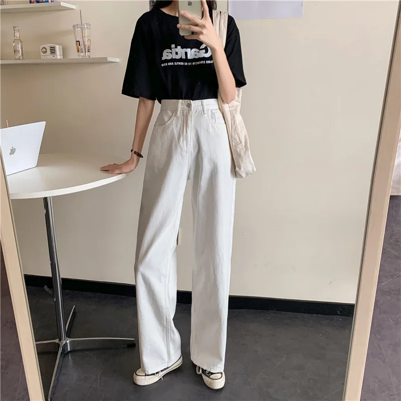 

White Black Denim Pants Mom Jeans Woman High Waist Push Up White Jeans Wide Leg Black Jeans Women Wide Pants Sela 0fficial Store