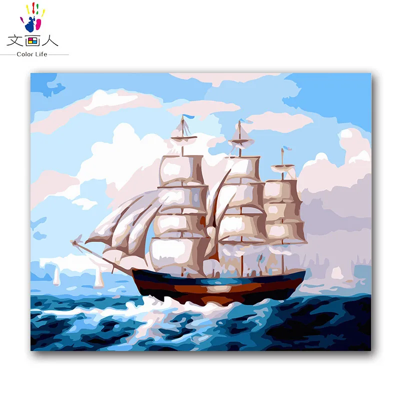 Морской пейзаж парусный океан масляные краски посылка diy Цифровая живопись
