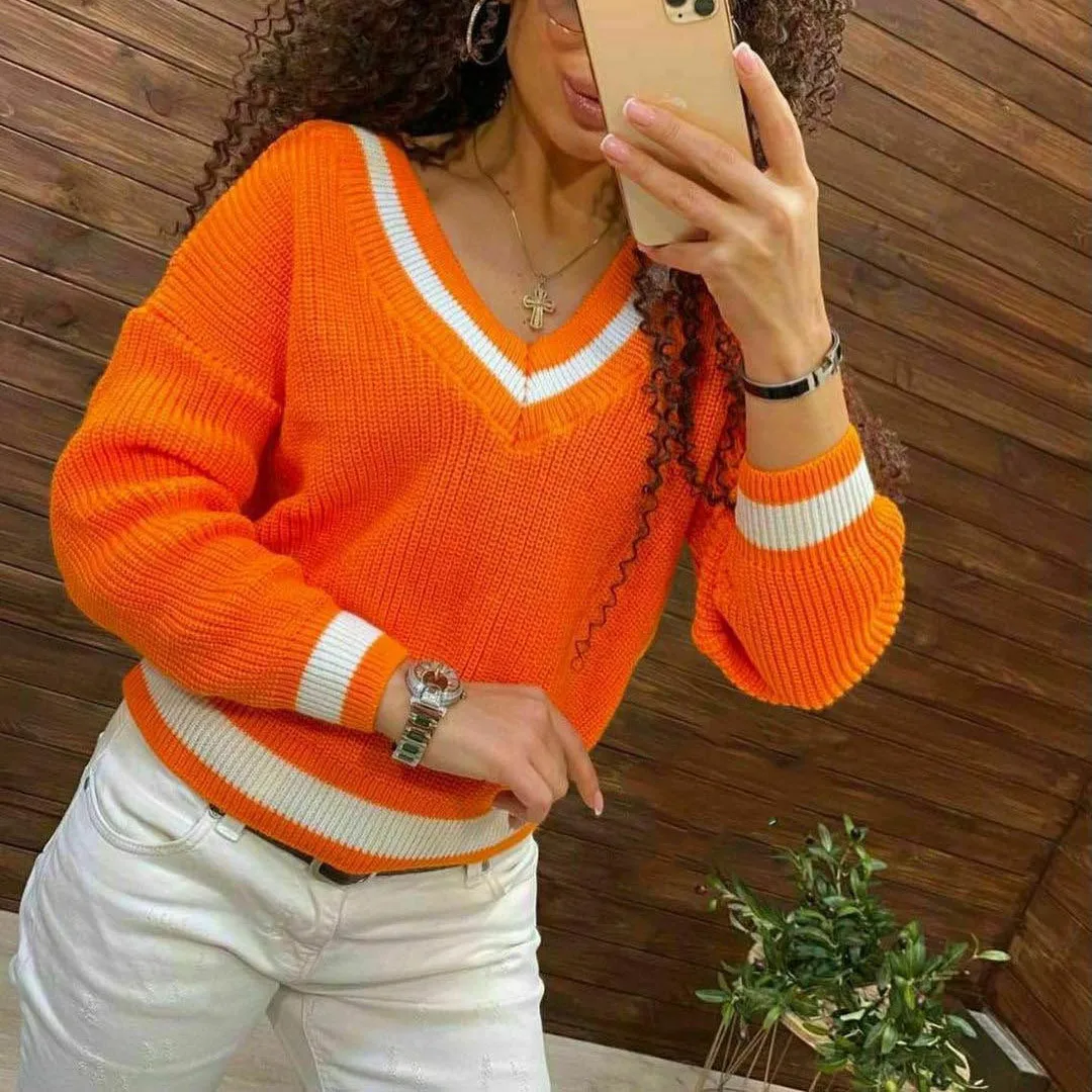 

Свободный вязаный пуловер в полоску, свитера, топы, Женский Повседневный свитер с длинным рукавом и V-образным вырезом с геометрическим рису...