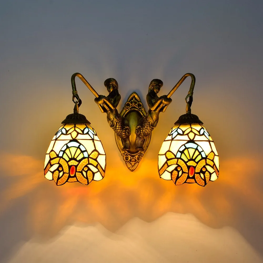 

European-Style Retro Mermaid Corridor Double-Headed Wall Lamp Baroque Colored Glass Living Room Dining Room Tiffany Glass Lamp