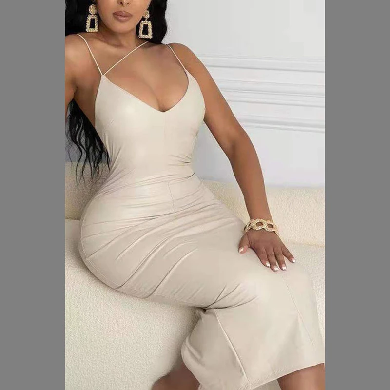 

Plus Size Spaghetti Strap Dresses Women Clothing Vestido Longo Mujer Verano 2021 Sexy PU Long Maxi Dress Robe Longue Femme