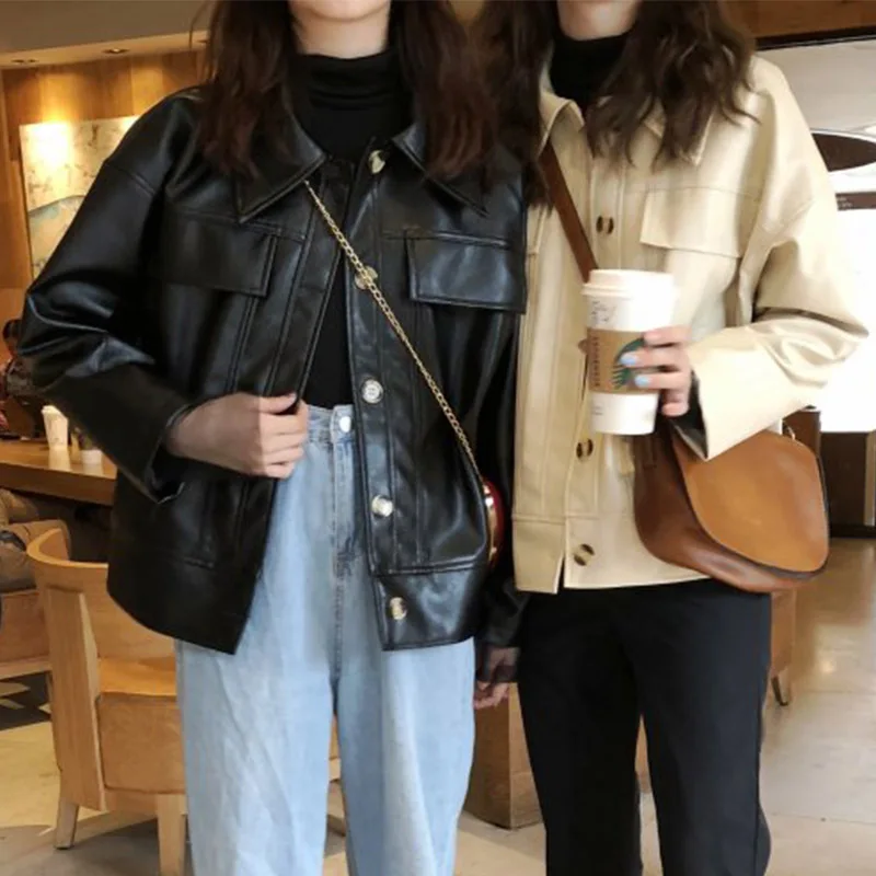 Женская Повседневная куртка из ПУ кожи свободная Осенняя уличная одежда с