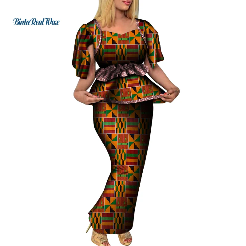 

African Applique Top and Skirts Sets for Women Bazin Riche Traditional African Women Clothing Fashion 2 Pieces Skirts Set WY8044