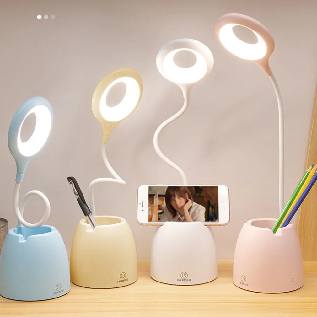 

LED Table Lamp Touch Dimming USB Desk Lamp Read Light Kids Pink Book Bedside Reading Lamp Pen Holder Eye Protect Home Decor