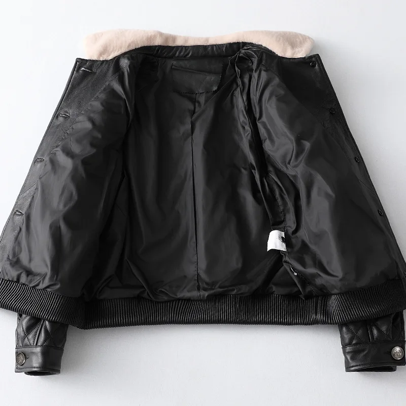 Spring Black Printed New Leather Formal Coat Autumn Women Wool Collar Short Jacket Cotton Lining