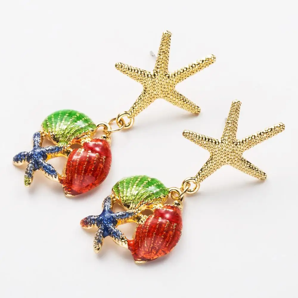 Fashion Green Blue Red Enamel Drop Earring For Women Starfish Shell Conch Shaped Statement Charm Dangle Beach Party Gift | Украшения и