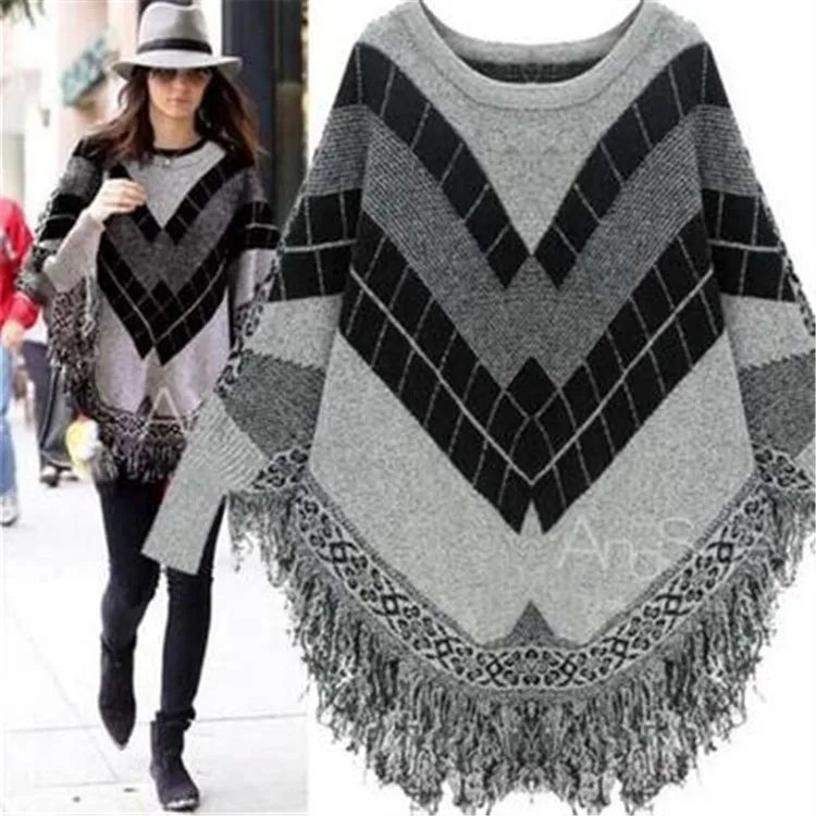 

В европейском стиле; Для деловой женщины с круглым вырезом модная женская вязаный свитер Длинные рукава Элегантная накидка с кисточками с г...