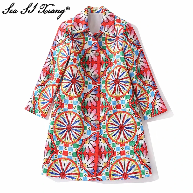 

Seasixiang Fashion Designer Autumn Trench Women Turn-down Collar Diamonds Crystal Single Breasted Indie Folk Print Overcoat