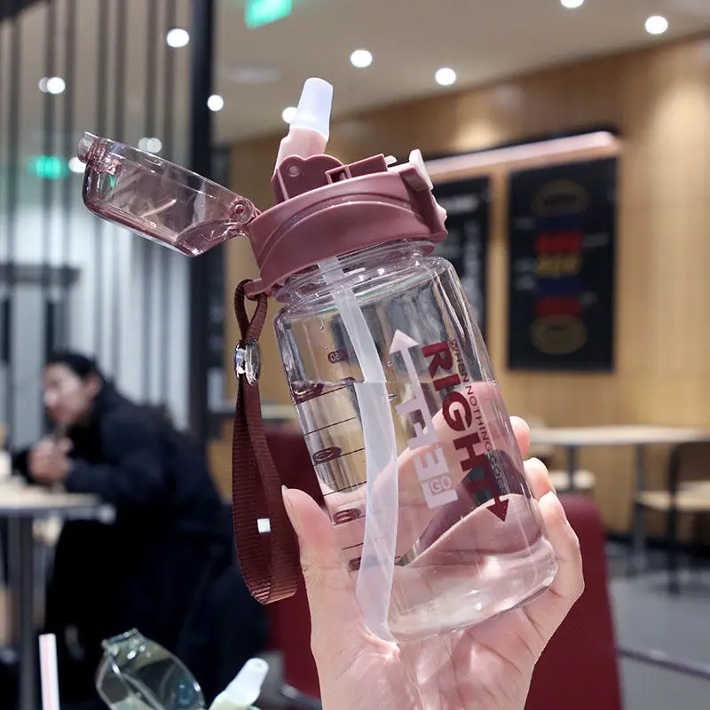 

Korean version simple student straw cup with rope spring cover plastic cup anti falling water bottle heat resistant scale sports