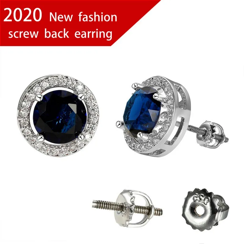 

Luxury Female Round Crystal Stone Earrings Silver Color Wedding Earrings For Women Charm Rainbow Screw Small Stud Earrings