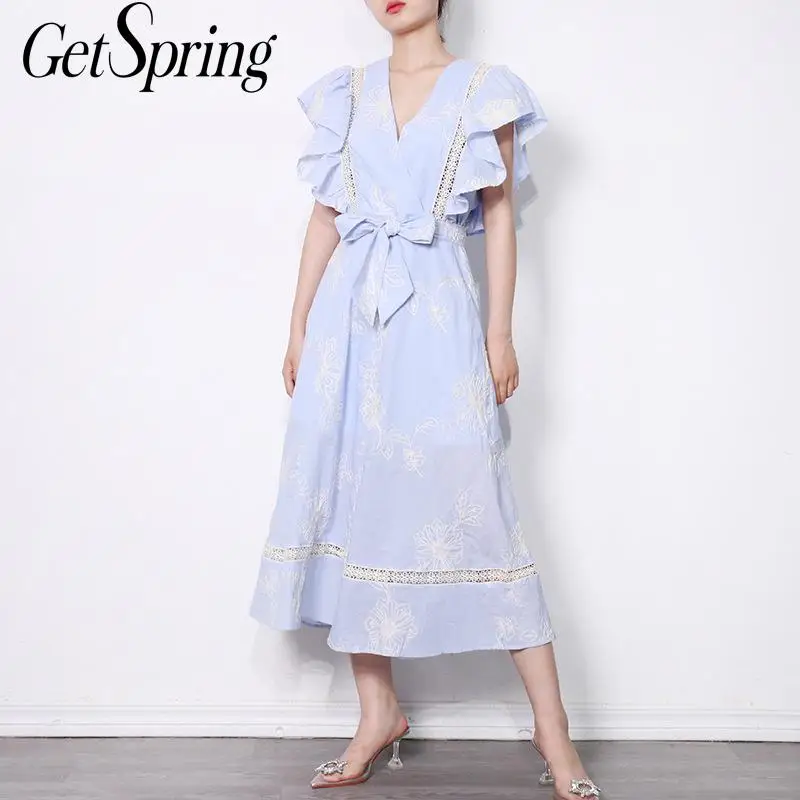 

Getspring Women Dress Ruffles Bandage Printing Shirt Dresses Women Plus Size Pink Black Long Girls Summer Dresses Women 2021