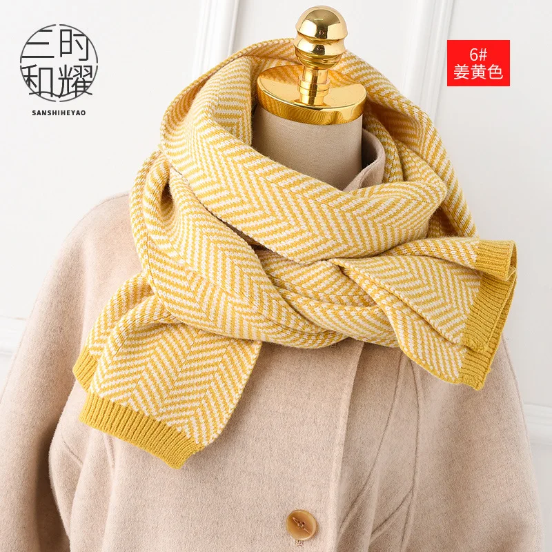 Женский классический вязаный шарф с узором елочка теплый из кашемира в милом