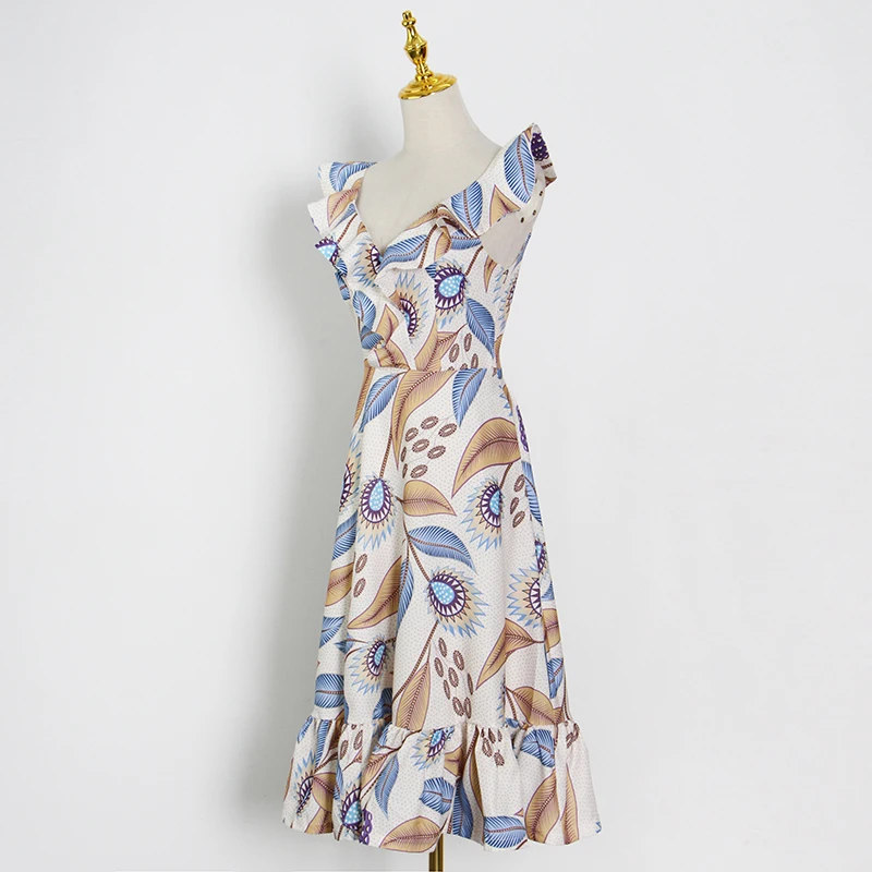 

VGH Print Patchwork Vintage Dress For Women V Neck Sleeveless High Waist Mid Hit Color Dresses Female Summer Clothing 2021 Style