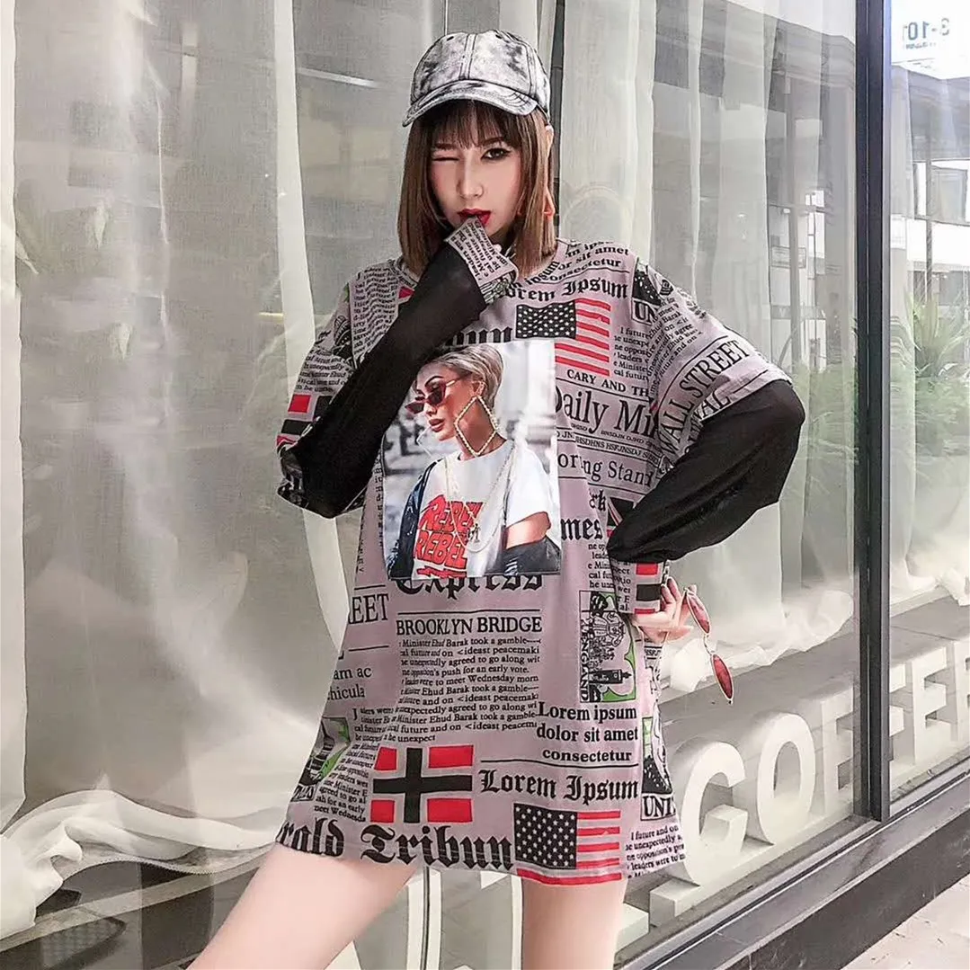 

Net red tide brand women's spring 2020 new letters stitching net yarn long sleeve loose round neck fake two-piece T-shirt women