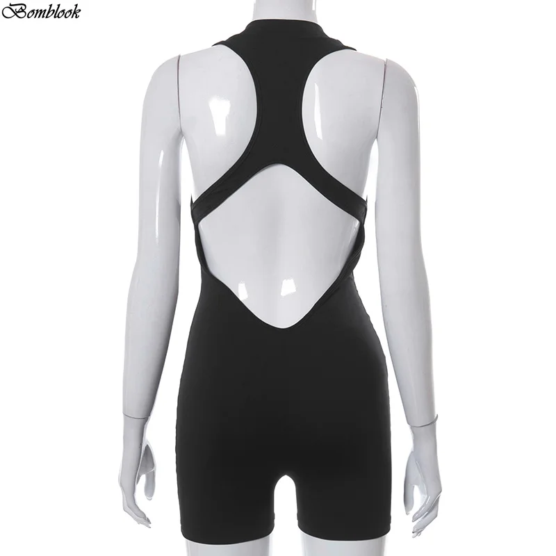 

Bomblook 2021Solid Deep V-neck Sleeveless Cross Hollow Out Zipper Jumpsuits Summer Women Cotton Casual Bodysuits Street Rompers