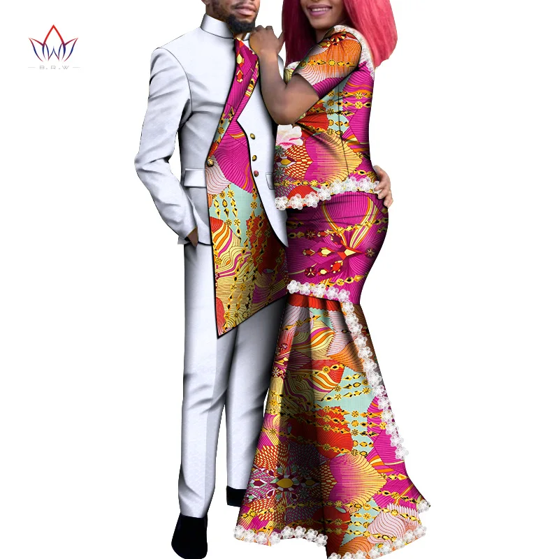 

African Couple Clothing Bazin Riche Agbada Men Tops and Pant +Women Robe Dress Match Lace Lovers Sets Dashiki Party Wear WYQ702