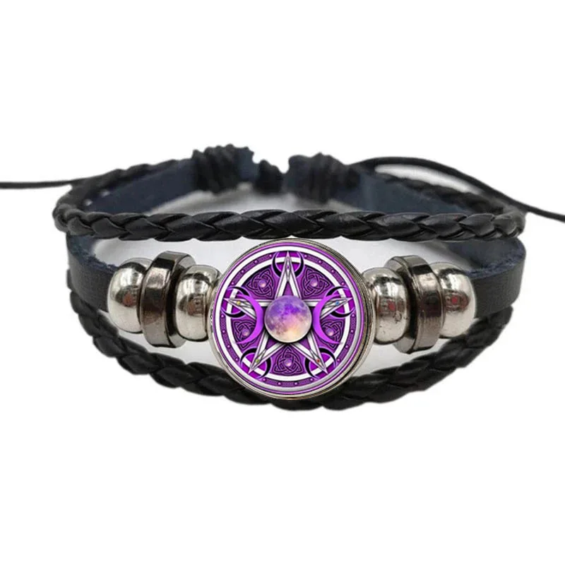 

Black Classic March Goddess Pentagram Leather Bracelet Witch Jewelry Glass Dome Witchcraft Bracelet Charm Vicat Bracelet