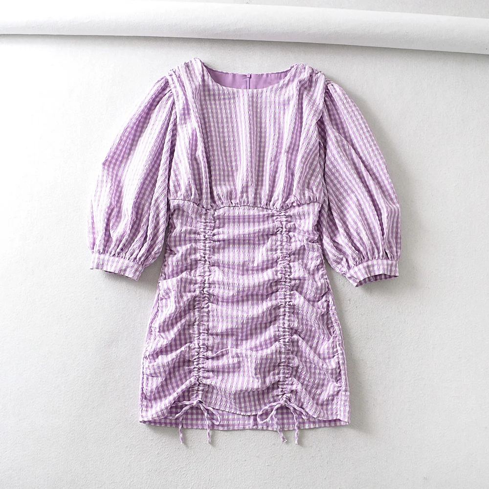 2020 женское элегантное мини-платье с круглым вырезом и принтом в клетку