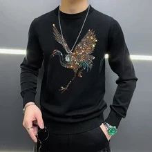 European 2021 New Brand High Quality Crane Pattern Printing Hot Diamond Mens Sweater Casual Street Star Top M-5Xl