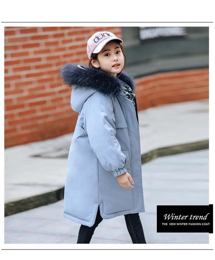 light blue Зимняя Толстая куртка, пальто, двустороннее зимнее пальто с капюшоном из натурального меха для девочек в русском стиле, Детская куртка, пуховики, длинные пальто - Цвет: light blue