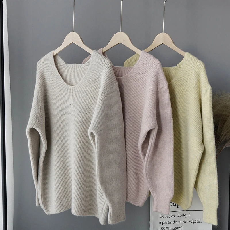 Женский вязаный свитер Lazy Wind теплый толстый розовый пуловер с v-образным вырезом