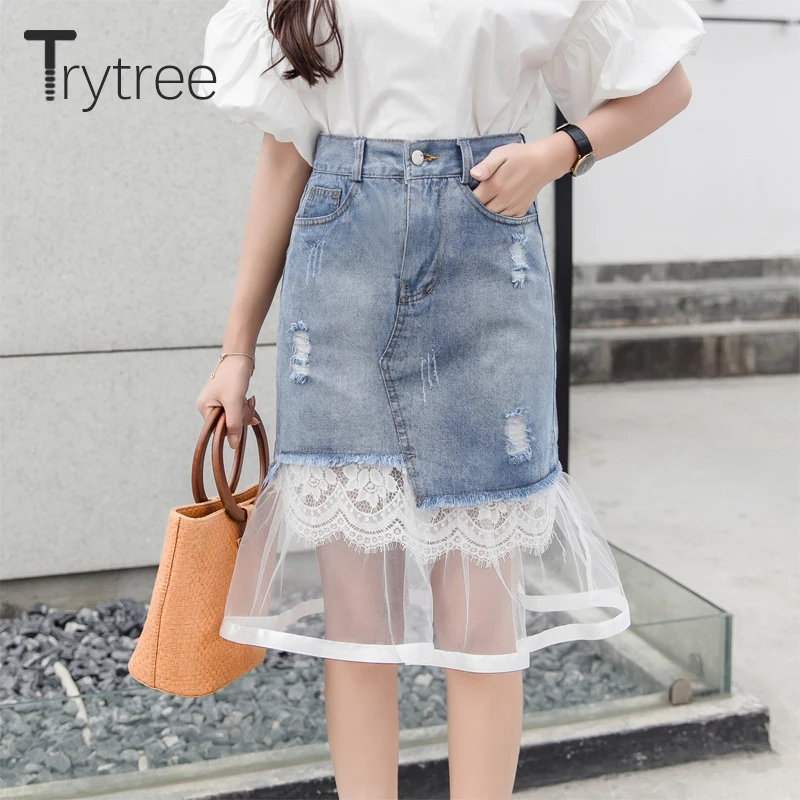 Весенняя женская повседневная юбка Trytree 2020 с карманами на пуговицах ковбойская
