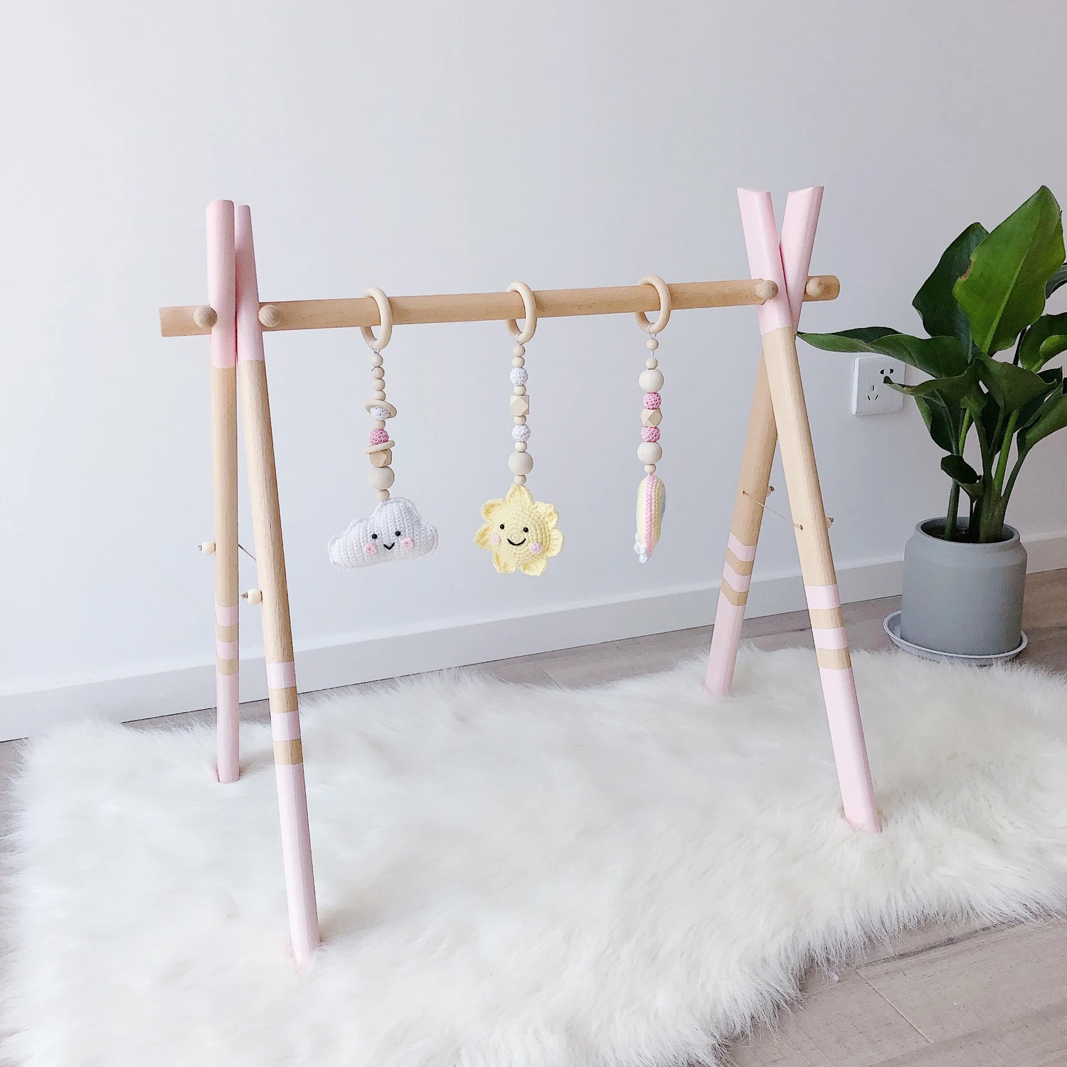 3PC Baby Gym Wood Crochet Cloud Sun Teething Toy Play Gym Set Toys For Newborn Kids Room Hanging Pendant Decor Baby Shower Gift