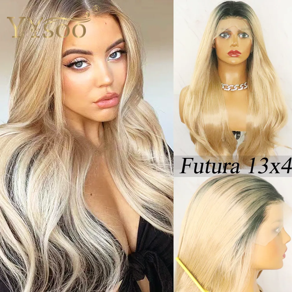 YYsoo Long 1B/103Color Futura Synthetic Hair 13x4 Ombre Lace Front Wigs Glueless Heat Resistant Fiber Body Wave Ombre Blonde Wig