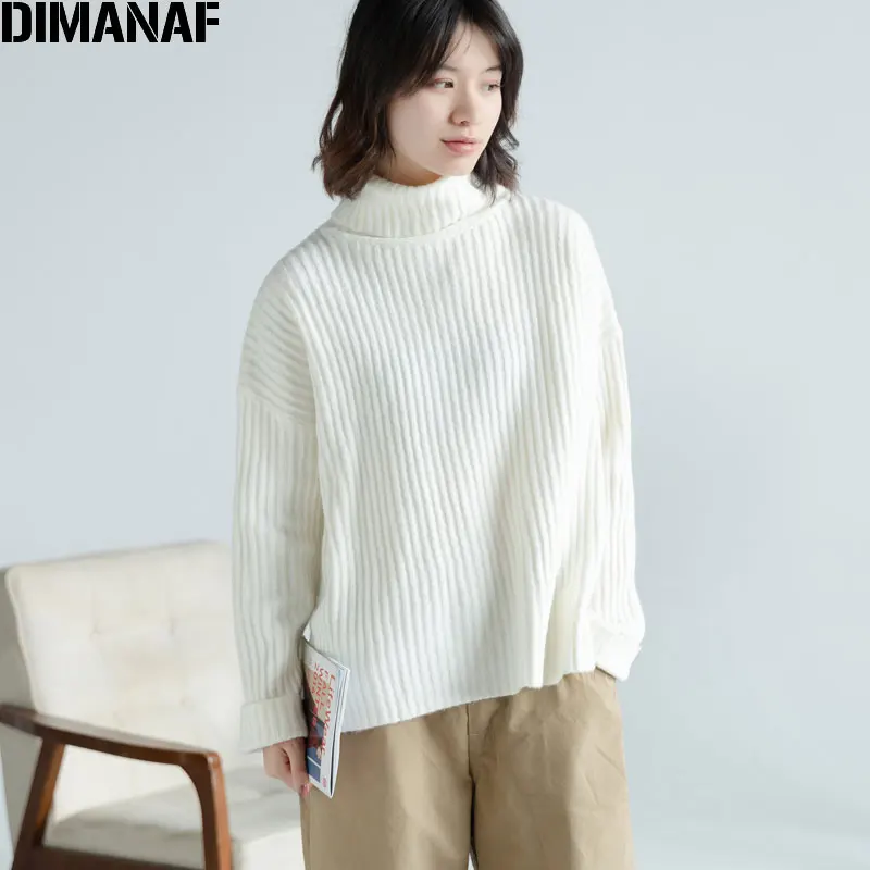 Женский трикотажный свитер DIMANAF Свободный пуловер-водолазка с длинным рукавом и