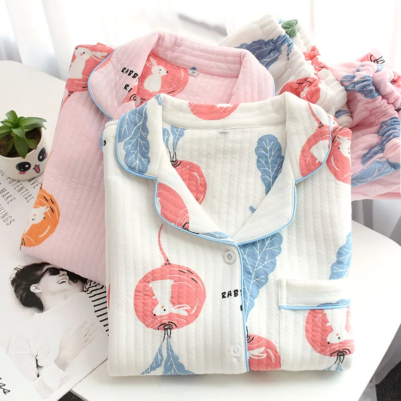 Зимние теплые свежий Пижама с изображением листьев комплект для женщин