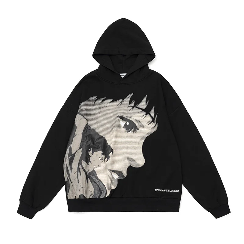 

Apring Autumn Hip Hop Cartoon Printed Sweatshirts Black Cotton Casual Pullover For Couples Vintage