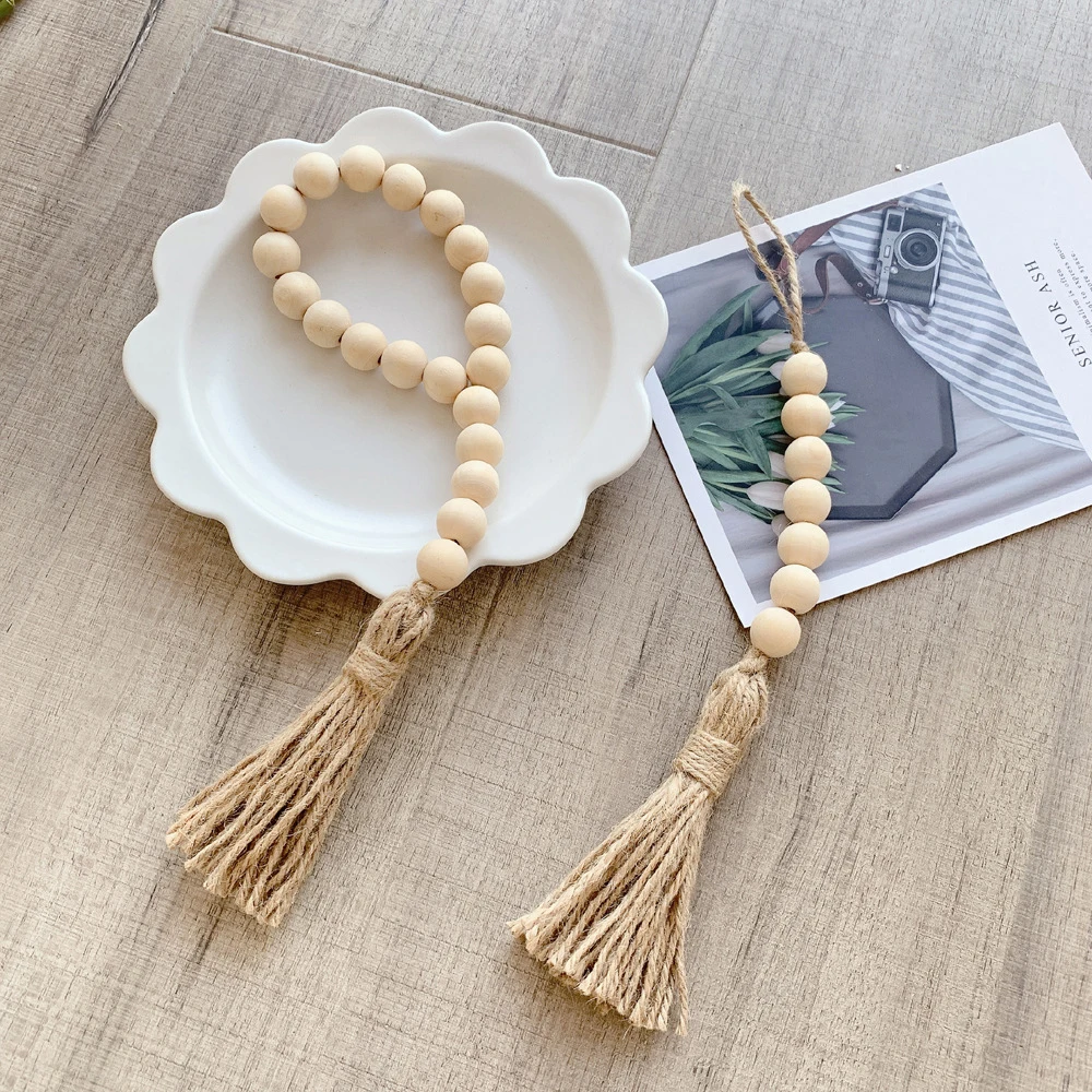 

6pcs Wood Bead Garland With Linen Rope Wood Bead String For Farmhouse Tassels Rustic Country Wall Hanging Decoration