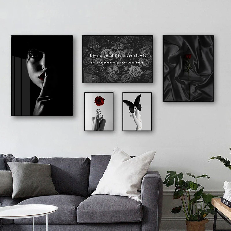 

Canvas Paintings Black White Wall Art Rose Flower Butterfly Print Magical Women Poster Nordic Picture for Living Room Home Decor