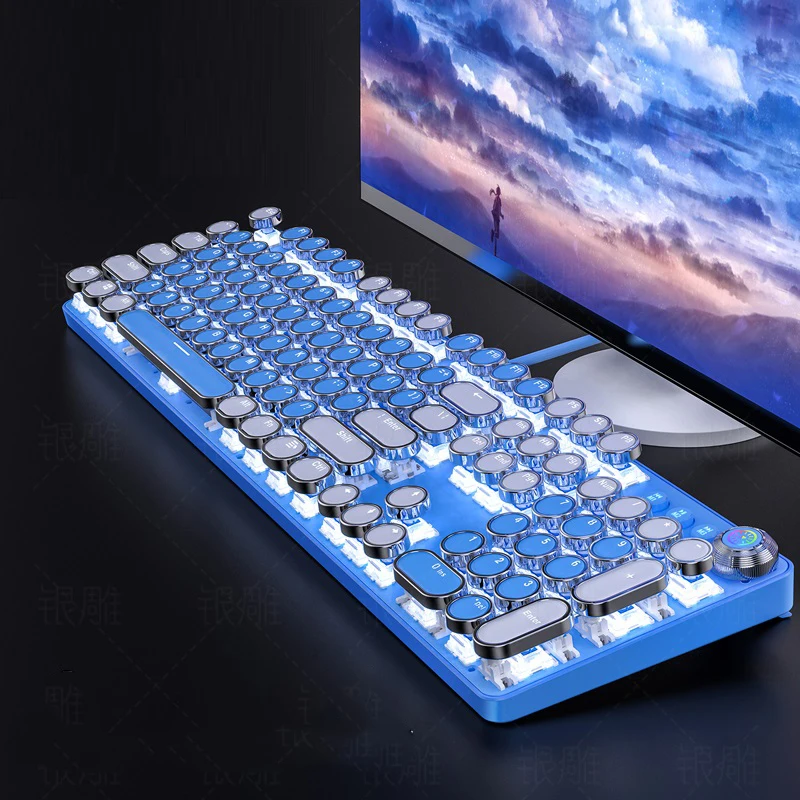 

Blue/Pink Keyboard 104 Keycaps Punk Round Keyboard Mechanical Switch Notebook Desktop Mechancial Gaming Keyboard for E-sport