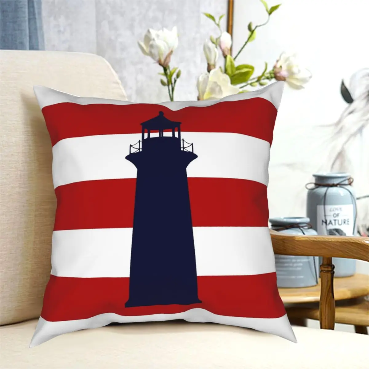 

Nautical Navy Blue Lighthouse On Stripes Square Pillowcase Polyester Creative Zipper Throw Pillow Case Sofa Cushion Cover 18