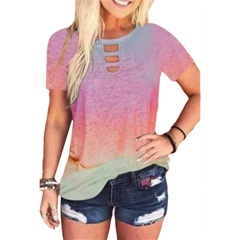 

Women's Tie-Dye Printed Hole T-shirt 2021 Summer Short Sleeve Round Neck Casual Loose Pulovers Top Plus Size