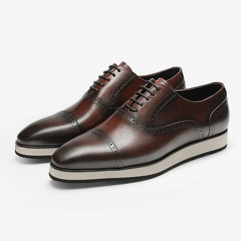 

2023 Summer Men Genuine Wingtip Leather Platform Oxford Shoes Pointed Toe Lace-Up Oxfords Dress Brogues Handmade Wedding Shoes