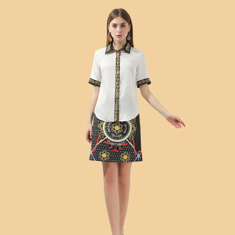 

2020 Designer Women Two Piece Suit Spring Summer lapel Beautiful Print Short sleeve Blouse + Mini Skirt Jobs 2 Piece Set